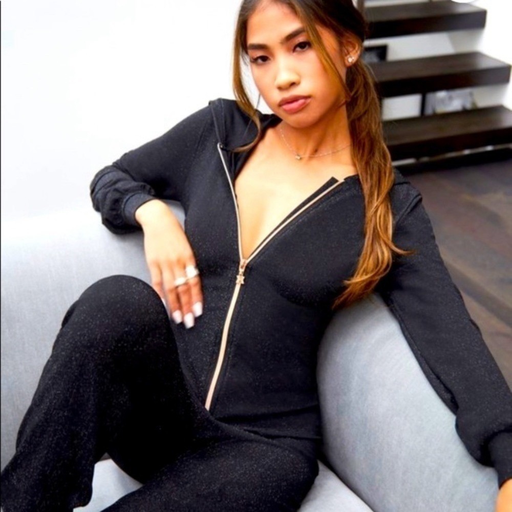 Savage X Fenty Black Glitter Hooded Long Sleeve Zip Up Jumpsuit Small